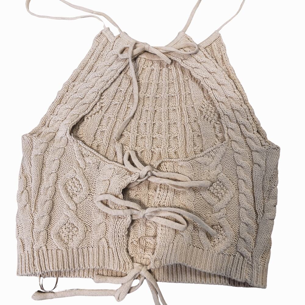 PAPERMOON NWT Crop Top Women's Sz Medium Beige Rib Knit Open Back Top - Picture 6 of 6